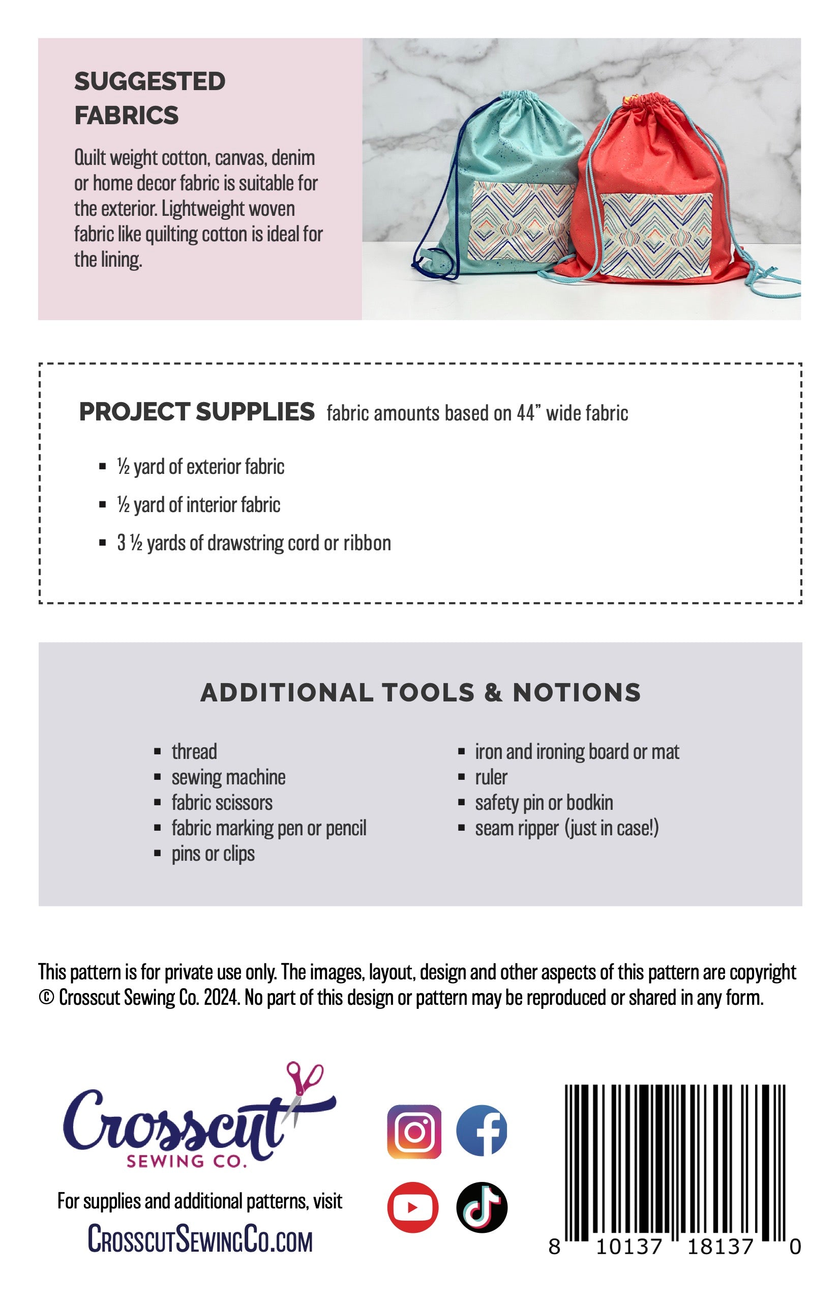 Drawstring Backpack - Printed Pattern & Video Tutorial