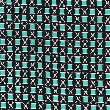 Snips N' Spools from Sewing Circle for Michael Miller Fabrics, 1/2 Yard, Sewing Theme Fabric, Fabric with Thread Spools, Black & Teal Fabric