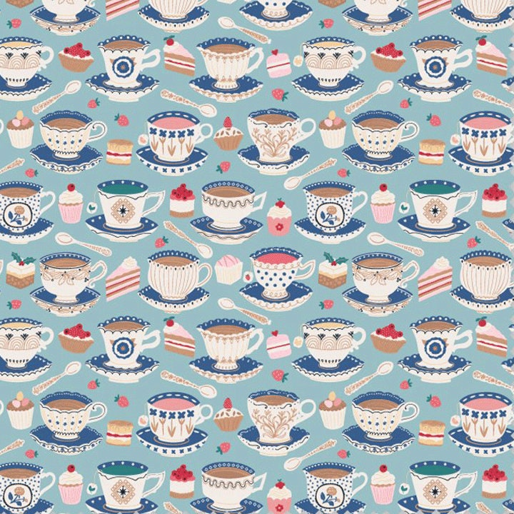 Time for Tea and Cake from Garden Party by Sue Gibbins for Felicity Fabrics, 1/2 Yard, Tea Cup Fabric, Fabric with Cake, Coffee Fabric