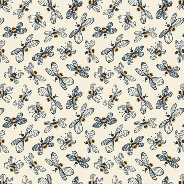 Little Bees from Garden Party by Sue Gibbins for Felicity Fabrics, 1/2 Yard, Bee Fabric, Fabric with Bees, Cream & Navy, Fabric by the Yard