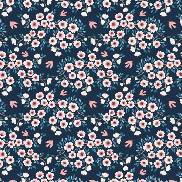 Through the Blossom from Garden Party by Sue Gibbins for Felicity Fabrics, 1/2 Yard, Dark Floral Fabric, Navy Floral Fabric by the yard