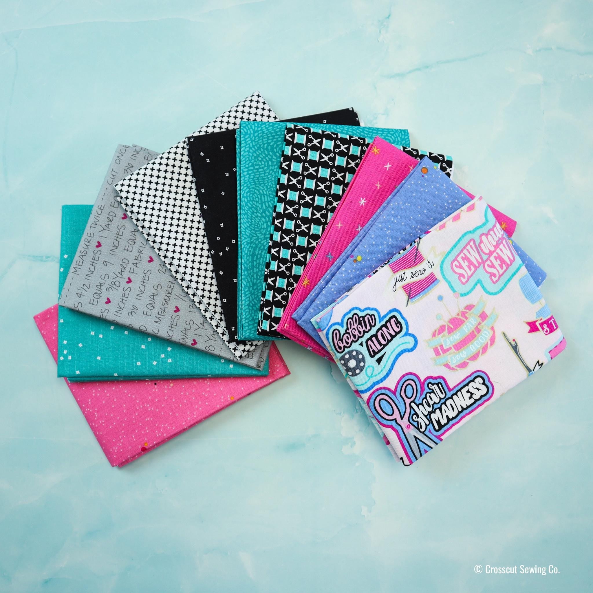 Snips N' Spools from Sewing Circle for Michael Miller Fabrics, 1/2 Yard, Sewing Theme Fabric, Fabric with Thread Spools, Black & Teal Fabric