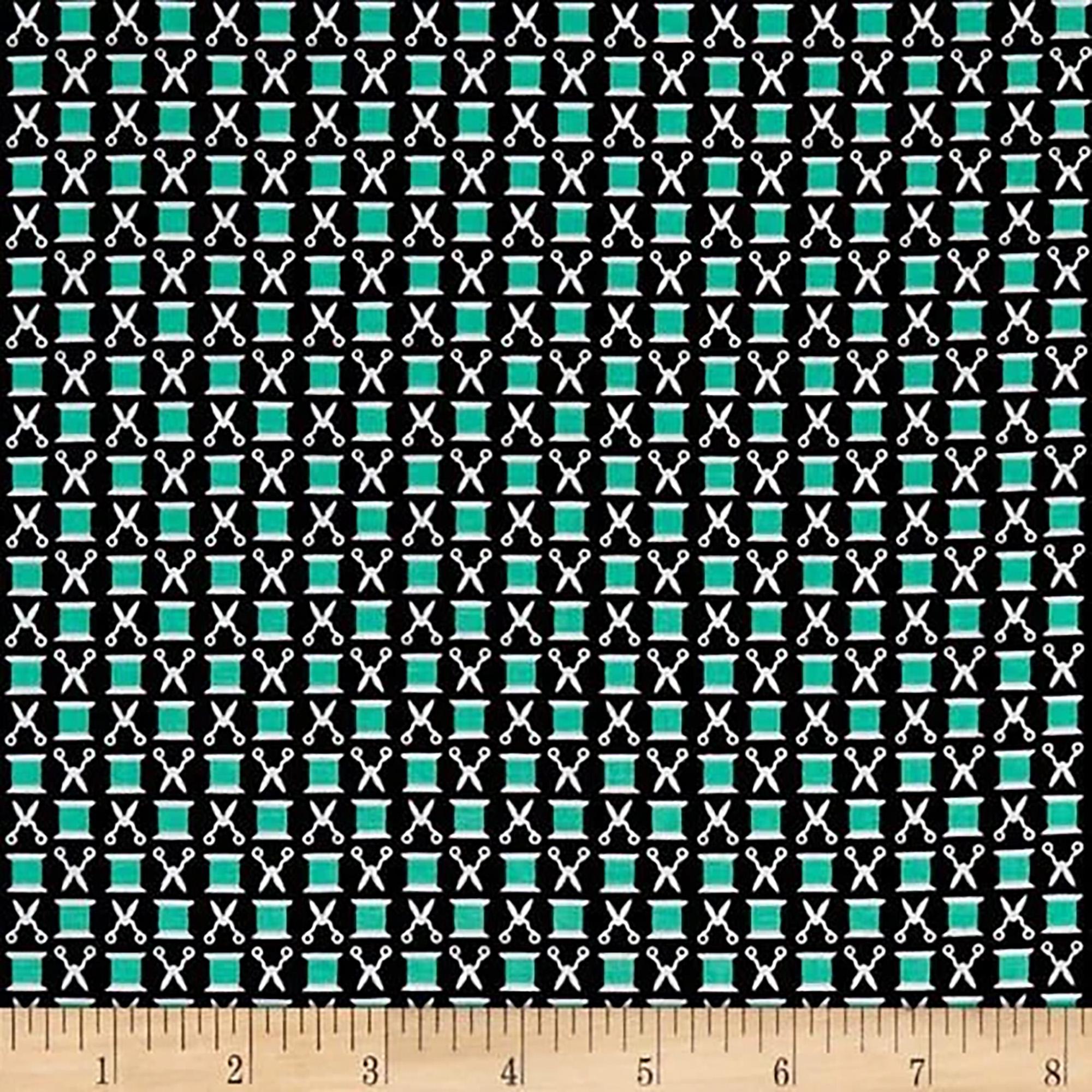 Snips N' Spools from Sewing Circle for Michael Miller Fabrics, 1/2 Yard, Sewing Theme Fabric, Fabric with Thread Spools, Black & Teal Fabric