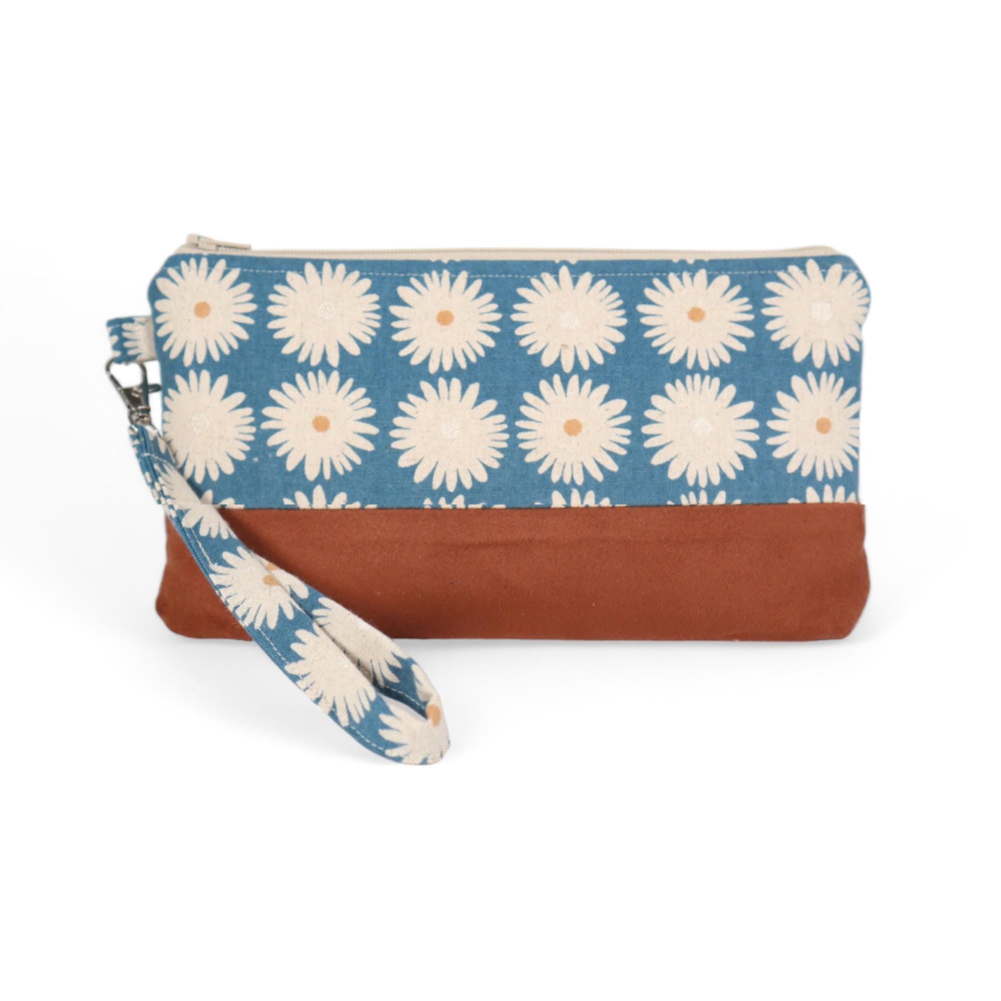 Daisy Blue from Cotton Flax Prints by Robert Kaufman - 1/2 Yard - Cotton Flax Fabric with Daisies - Blue Print Canvas Fabric