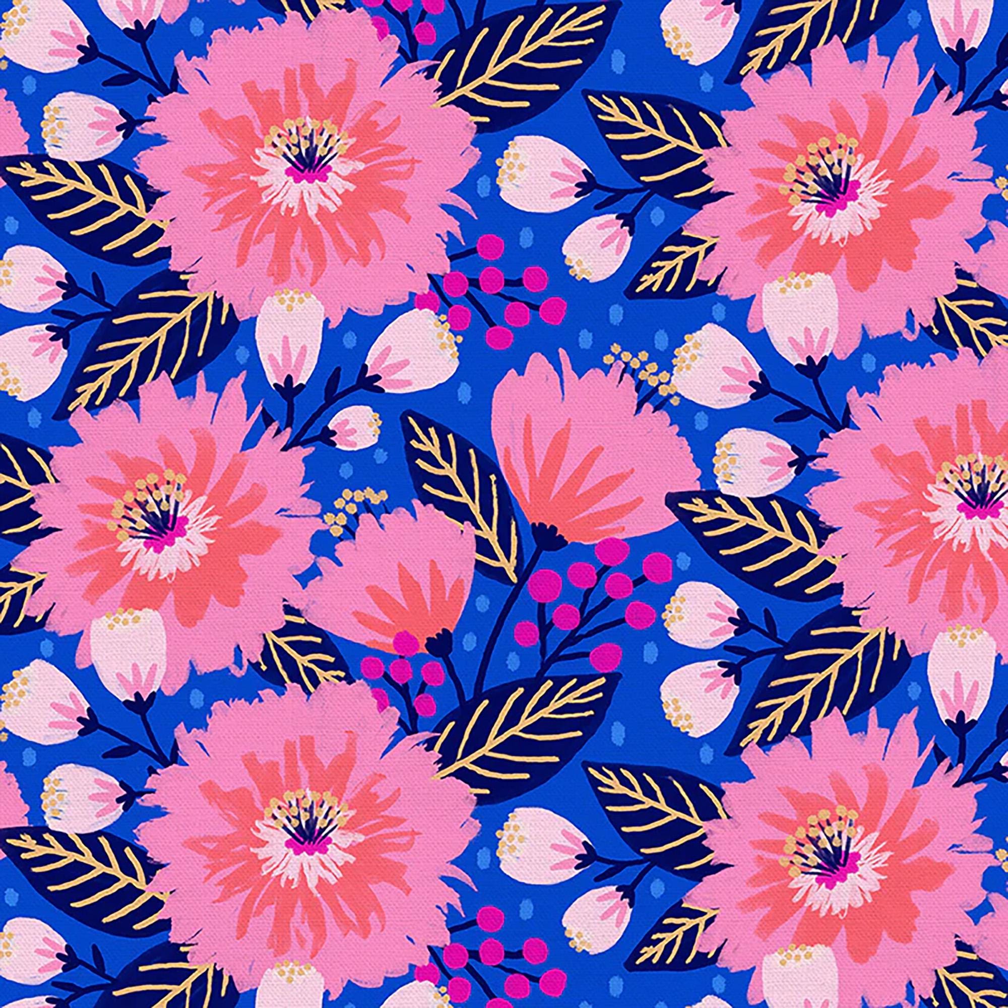 Dahlia Party Dark Blue Organic Canvas from Vibrant Blooms by Jess Phoenix for Paintbrush Studio Fabric - 1/2 Yard