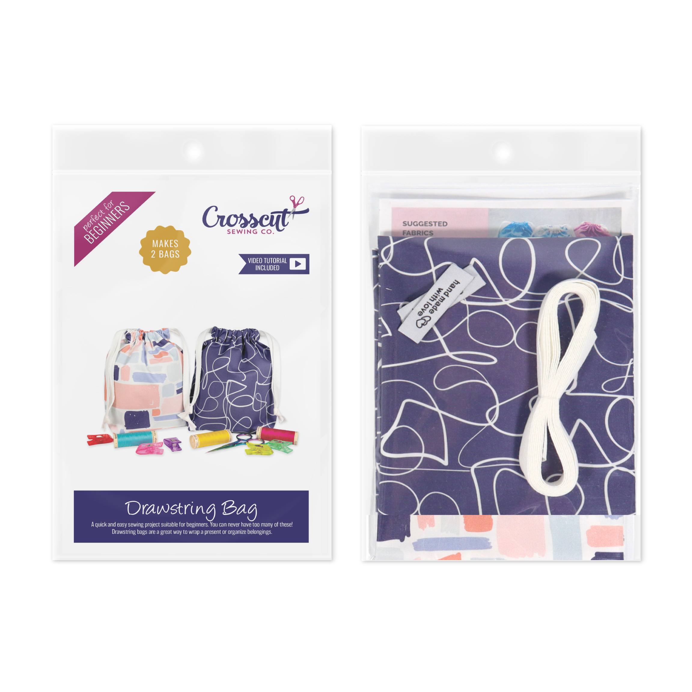 Drawstring Bag Sewing Kit - Abstract Blue Freehand - Makes 2 Bags
