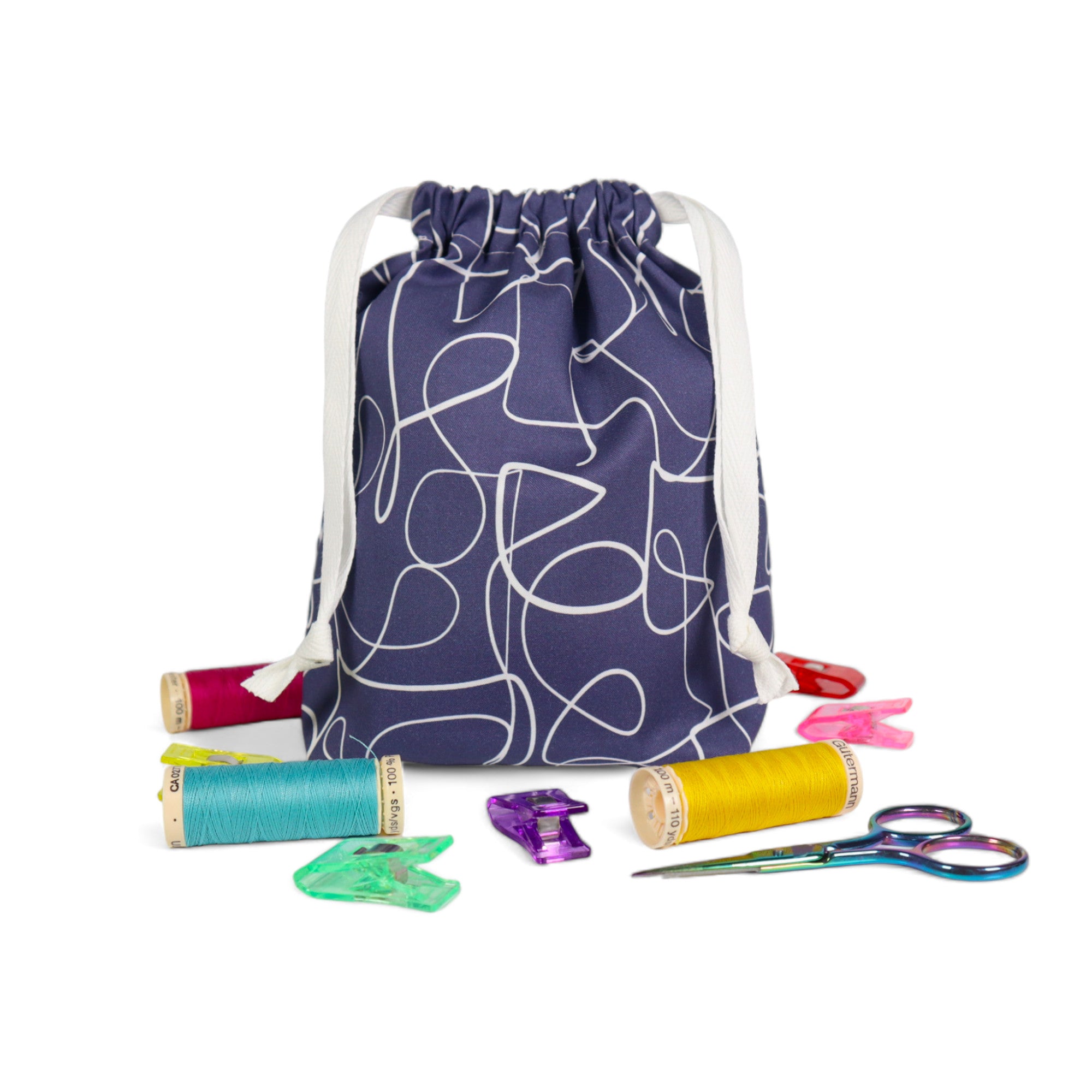 Drawstring Bag Sewing Kit - Abstract Blue Squiggle - Makes 2 Bags