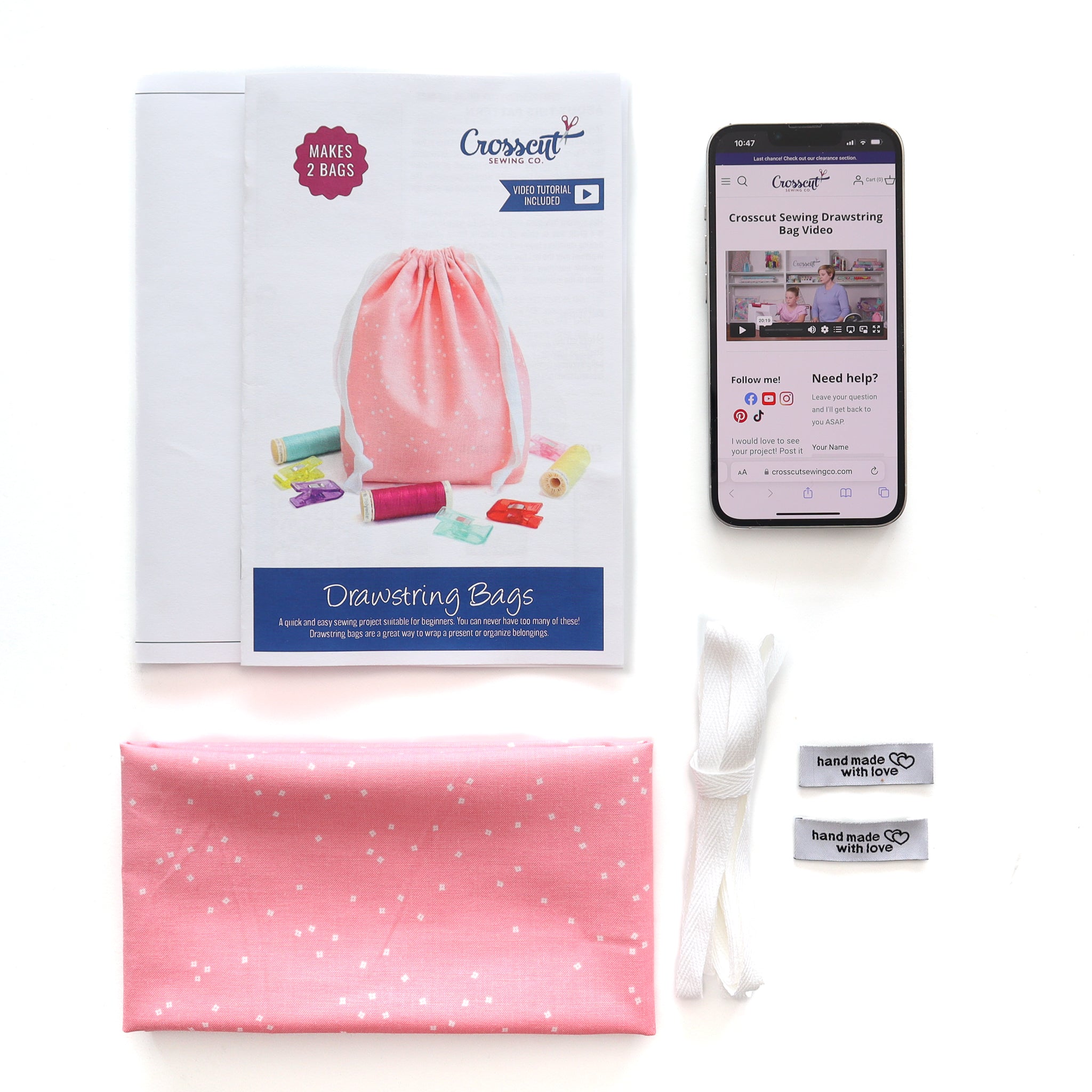 Drawstring Bag Kit - Light Pink Blossom- Makes 2 Bags