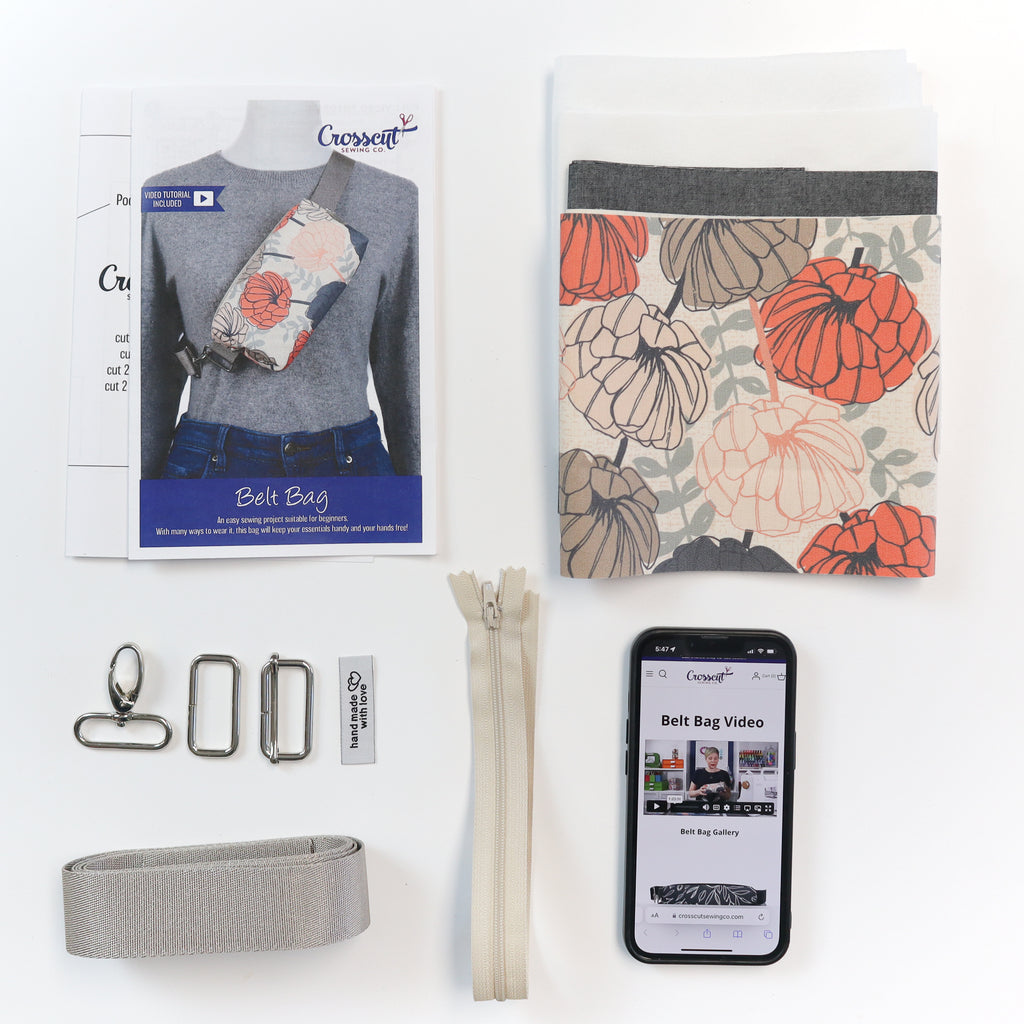 Belt Bag Sewing Kit - Supplies, Printed Pattern and Video Tutorial - Beige Floral