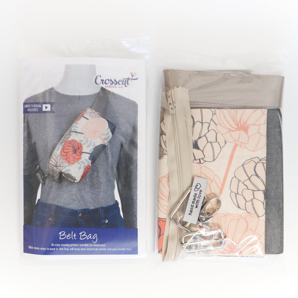 Belt Bag Sewing Kit - Supplies, Printed Pattern and Video Tutorial - Beige Floral