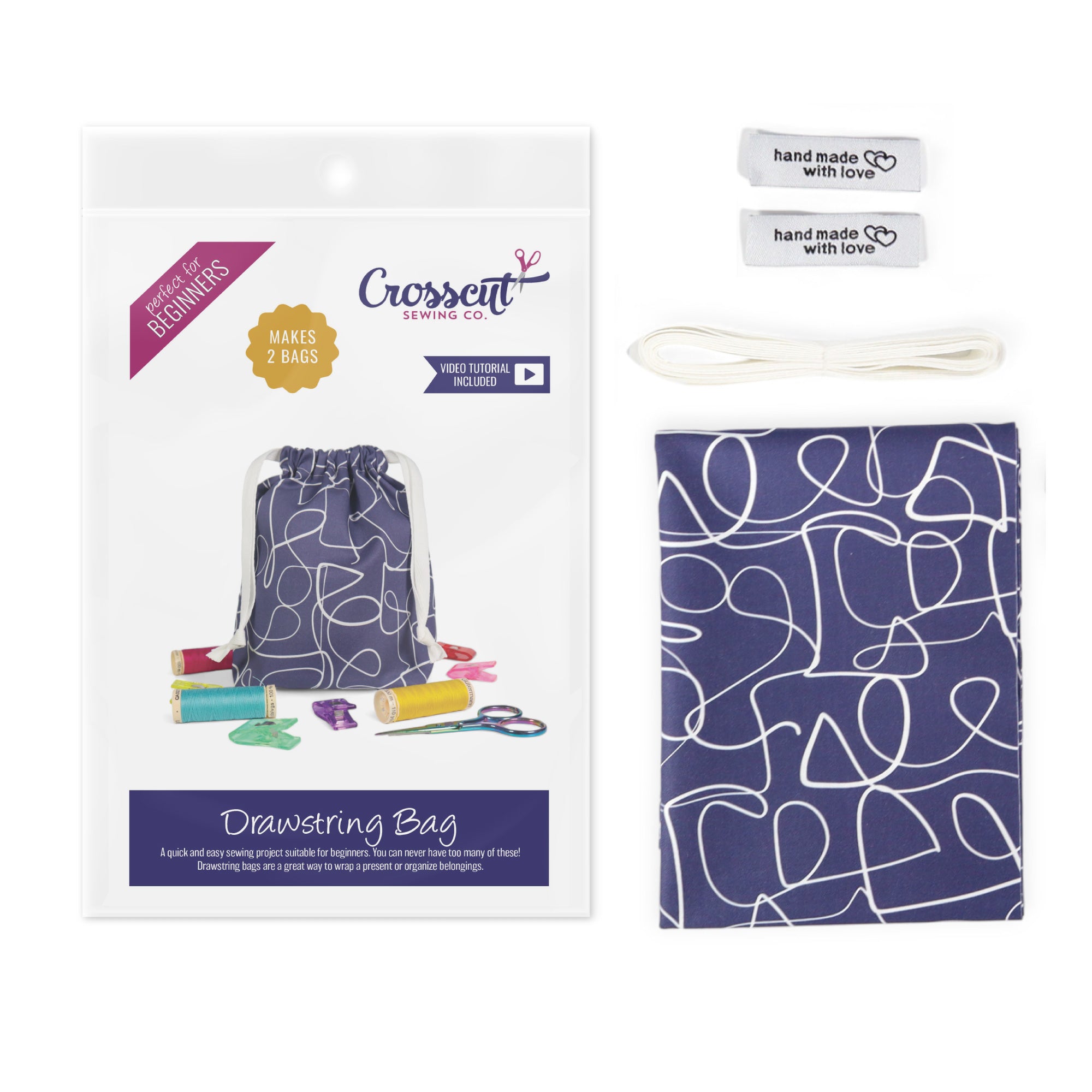 Drawstring Bag Sewing Kit - Abstract Blue Squiggle - Makes 2 Bags