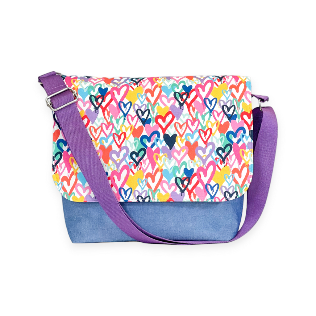 Messenger Bag Sewing Kit - Chambray with Grunge Hearts