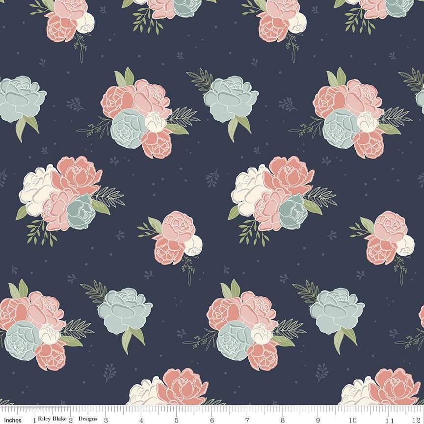 Main Midnight from Daybreak by Fran Gulick for Riley Blake - 1/2 Yard - Navy Blue Floral Fabric, Navy and Pink Fabric by the Yard