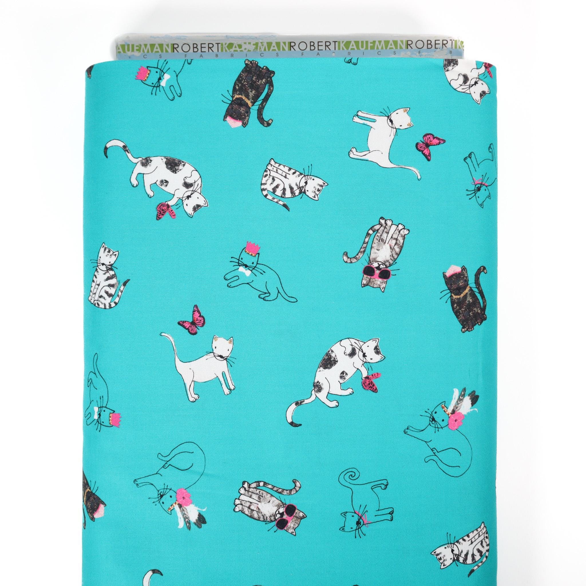 Cats Teal from Fancypants by World Art Group for Robert Kaufman - 1/2 Yard - Cat Fabric - Fabric with Cats 