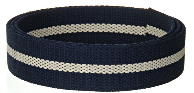 Synthetic Cotton Canvas Webbing - 1.5" Wide - Navy Blue and Ivory Stripe