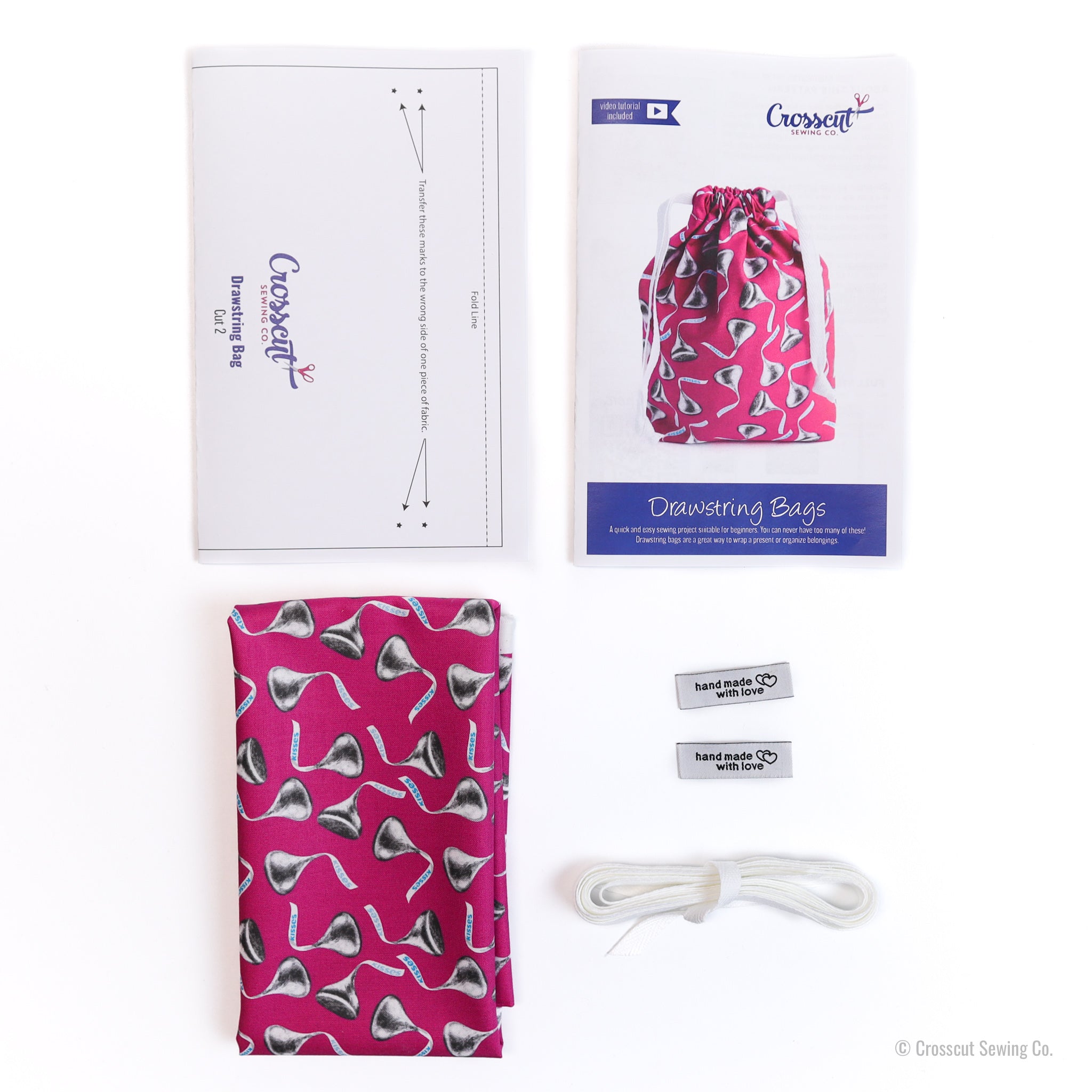 Drawstring Bag Sewing Kit - Kisses Fuchsia- Makes 2 Bags